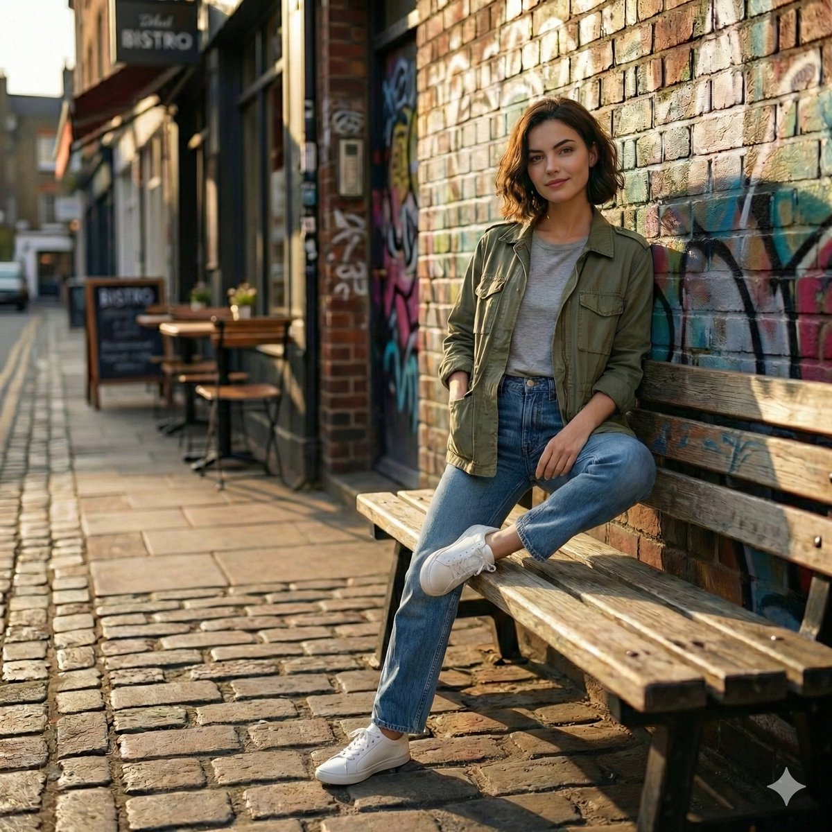 Cinematic realistic street scene, beautiful young woman with...