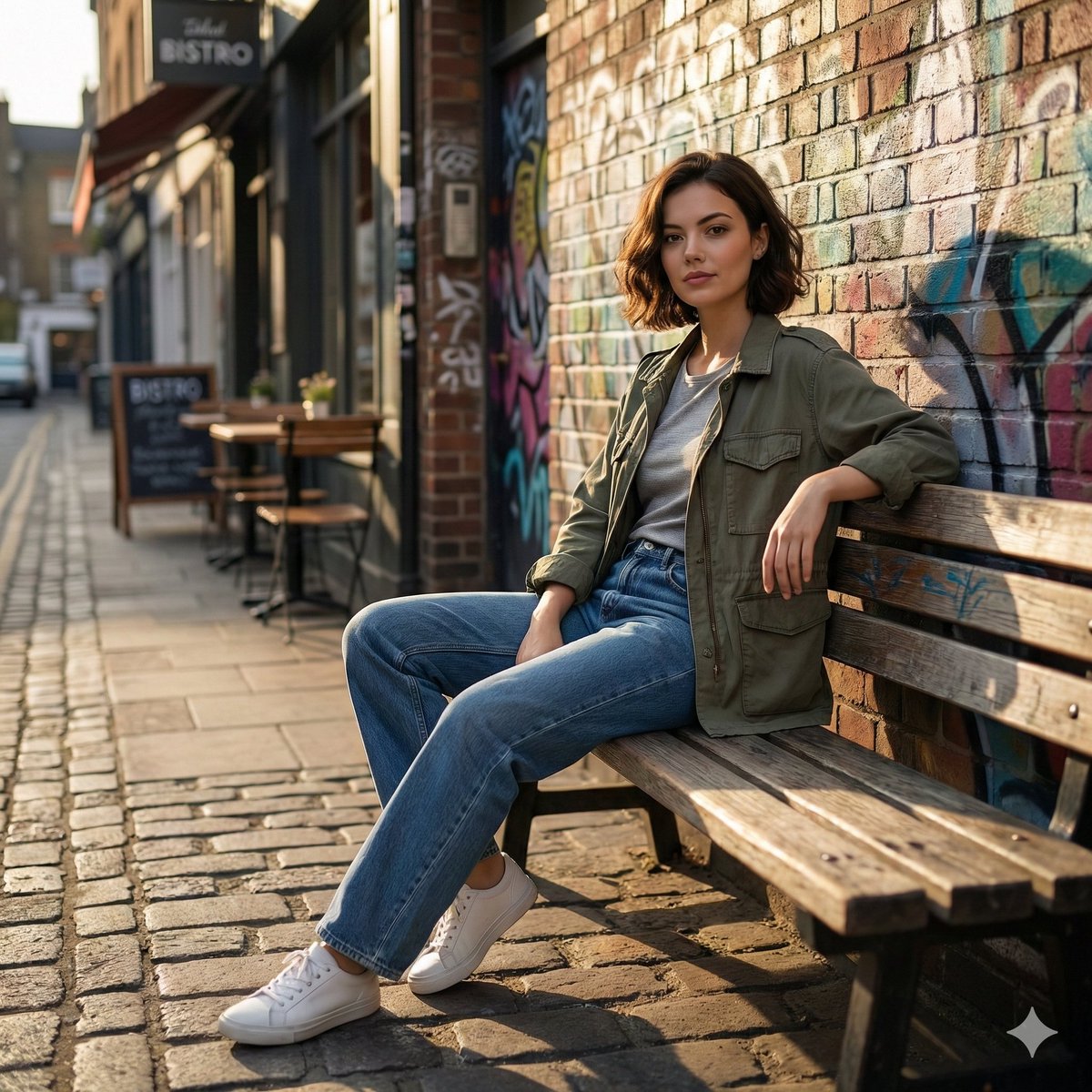 Cinematic realistic street scene, beautiful young woman with...