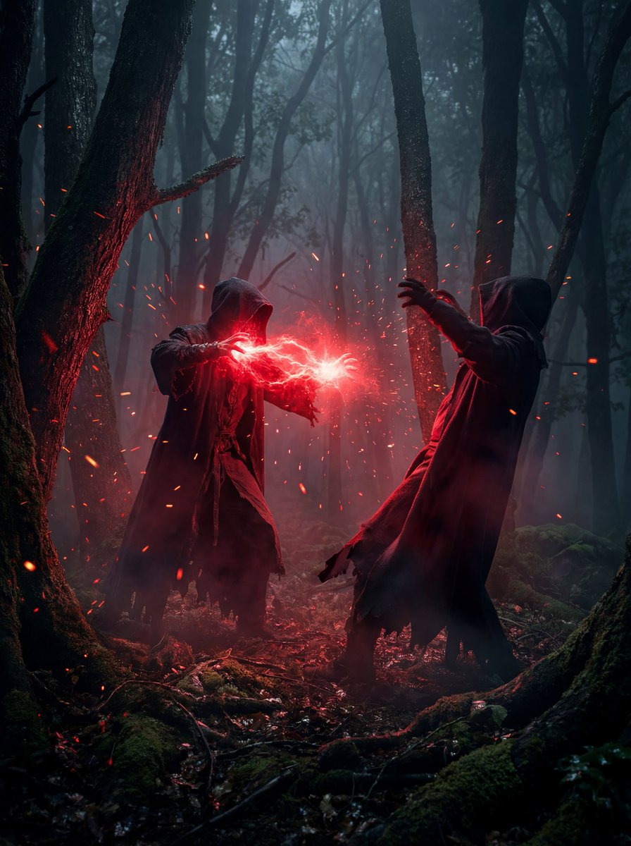 A dramatic cinematic scene in a dark foggy forest where two h...