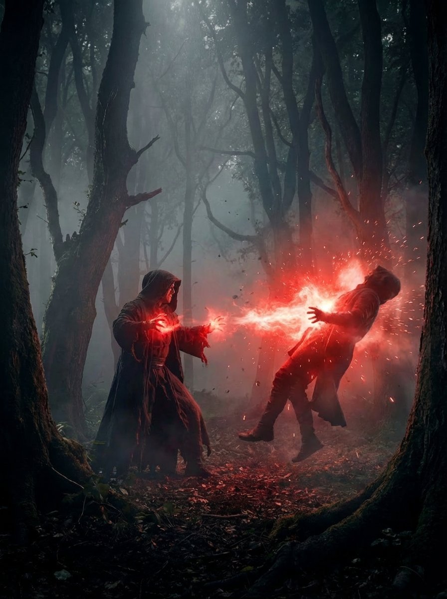 A dramatic cinematic scene in a dark foggy forest where two h...