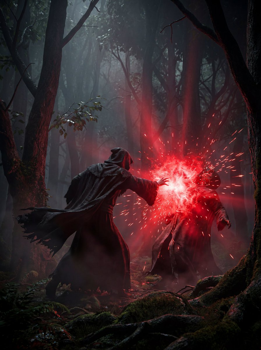 A dramatic cinematic scene in a dark foggy forest where two h...