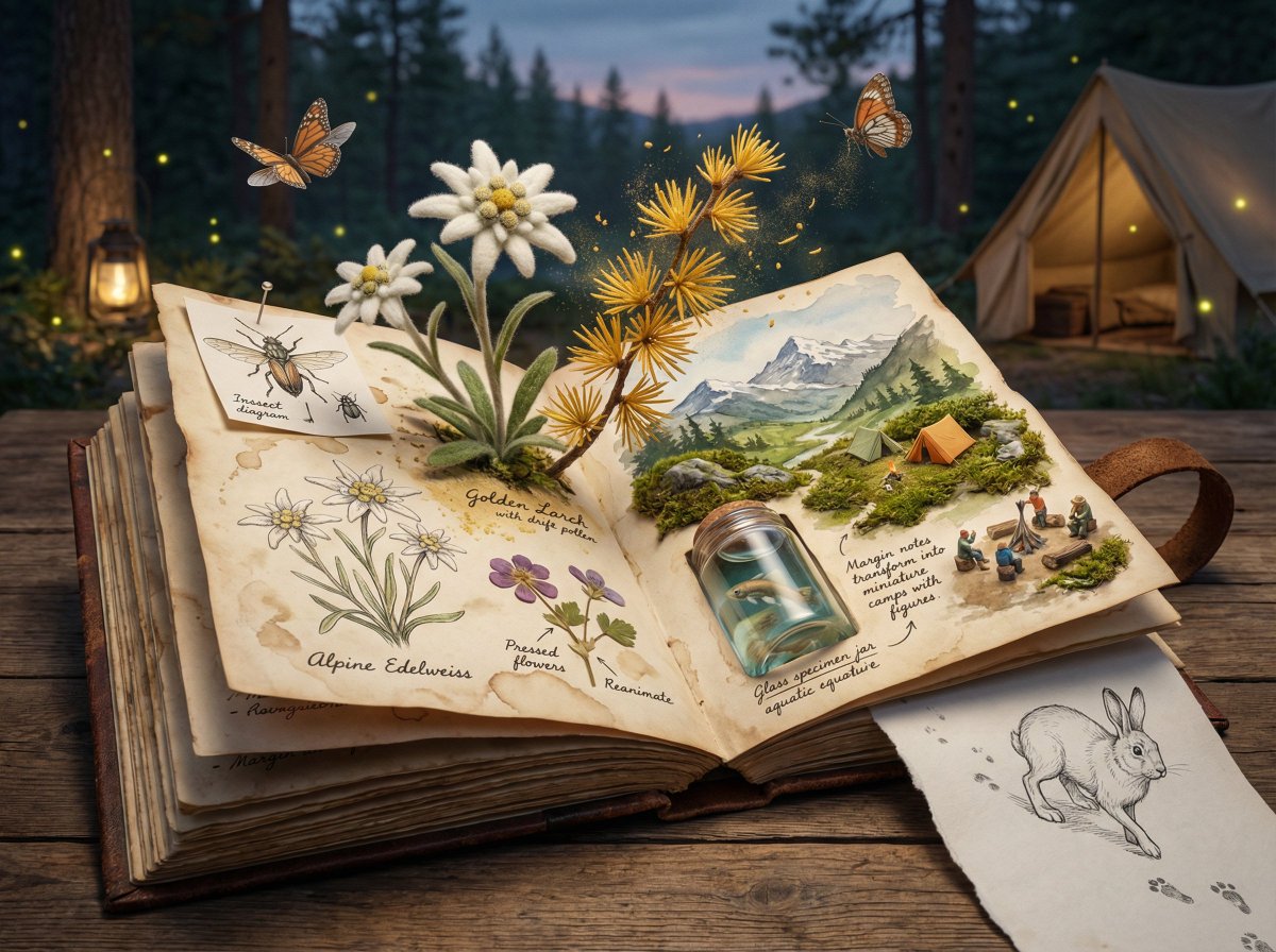 Epic 3D scene: a weathered field journal lies open on a natur...