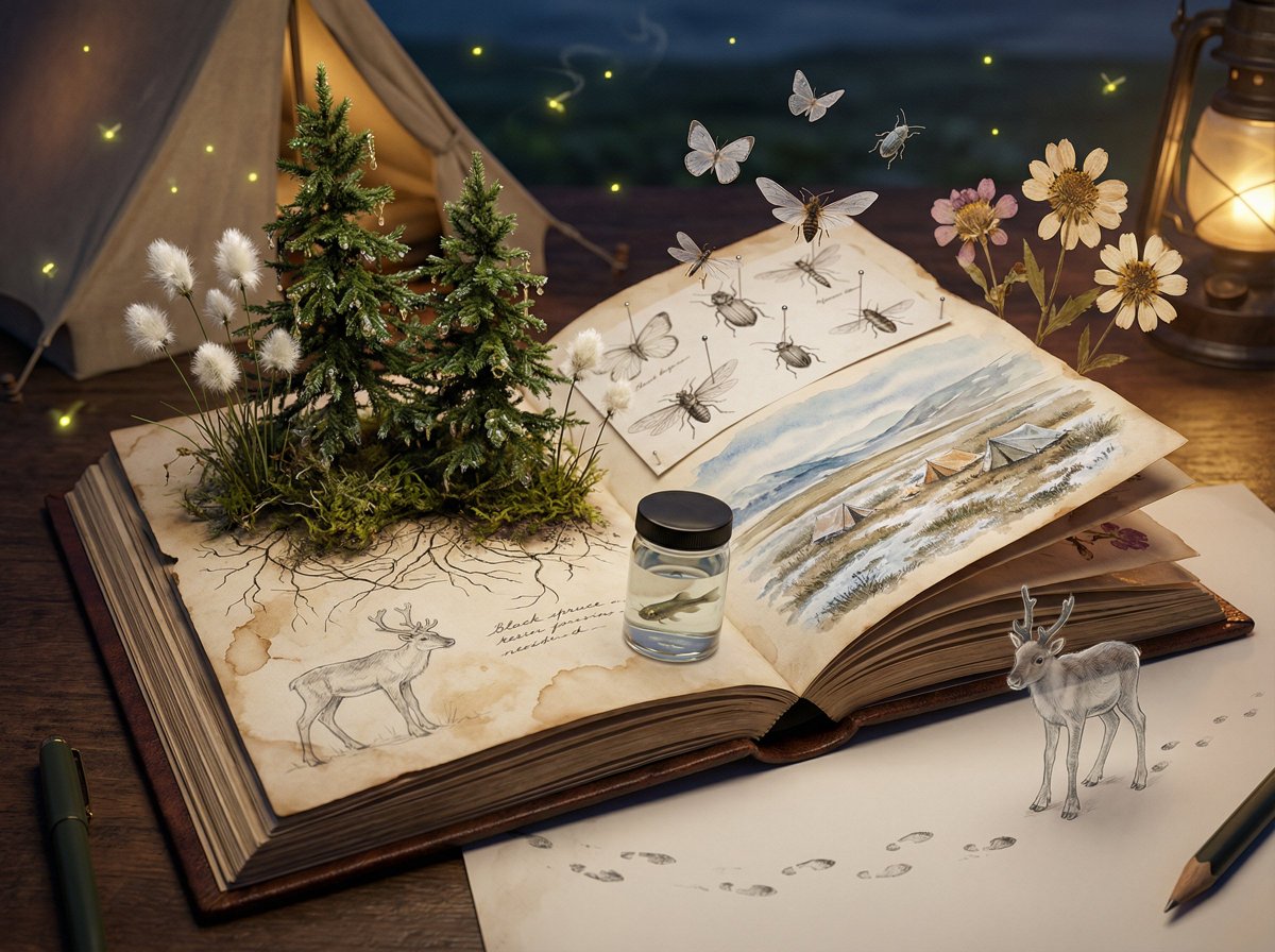Epic 3D scene: a weathered field journal lies open on a natur...