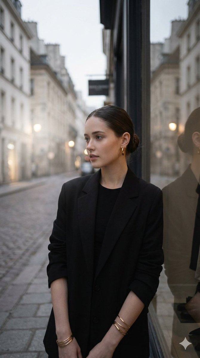 Elegant woman with dark hair in a sleek bun, wearing a struct...