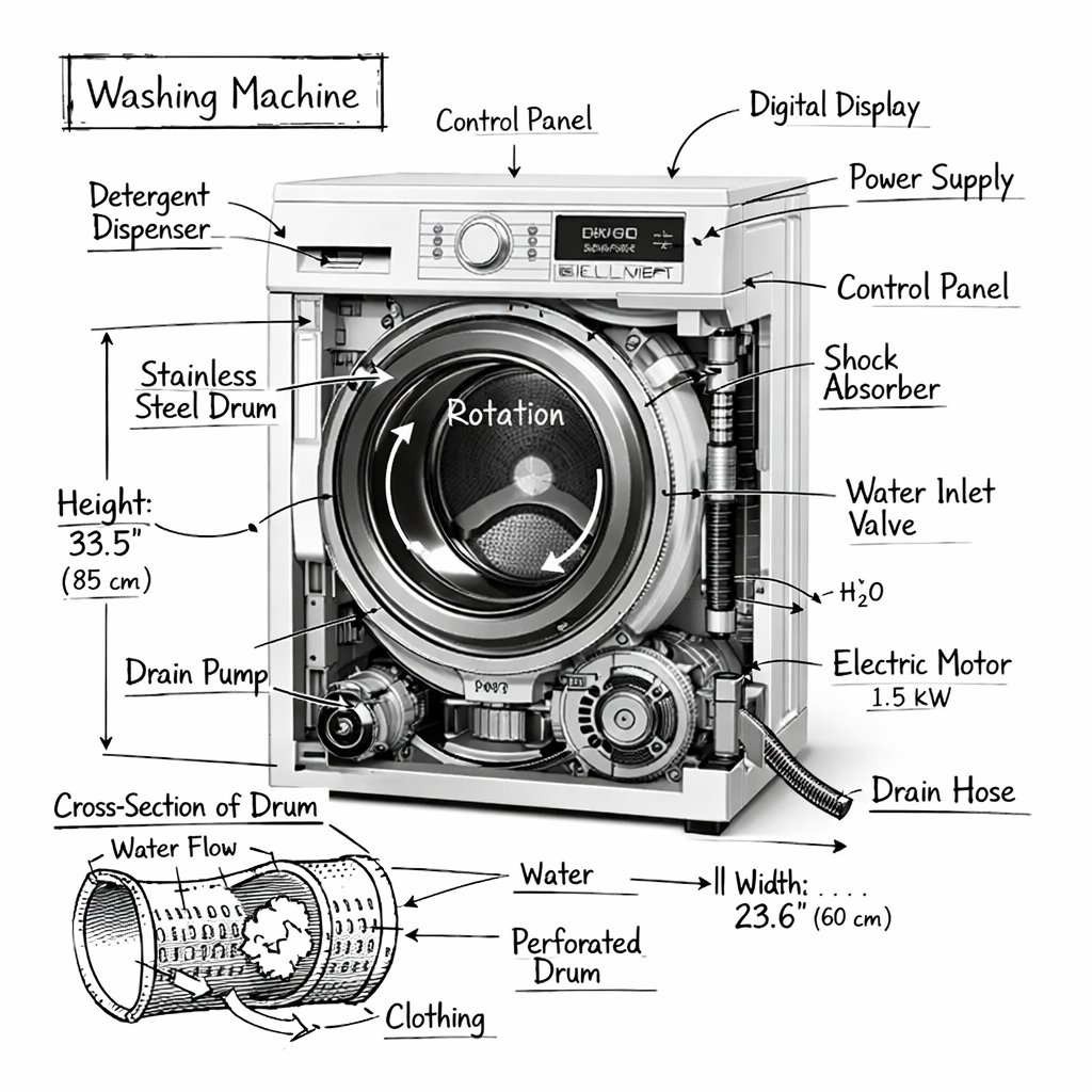 Create an infographic image of [washing machine], combining a...