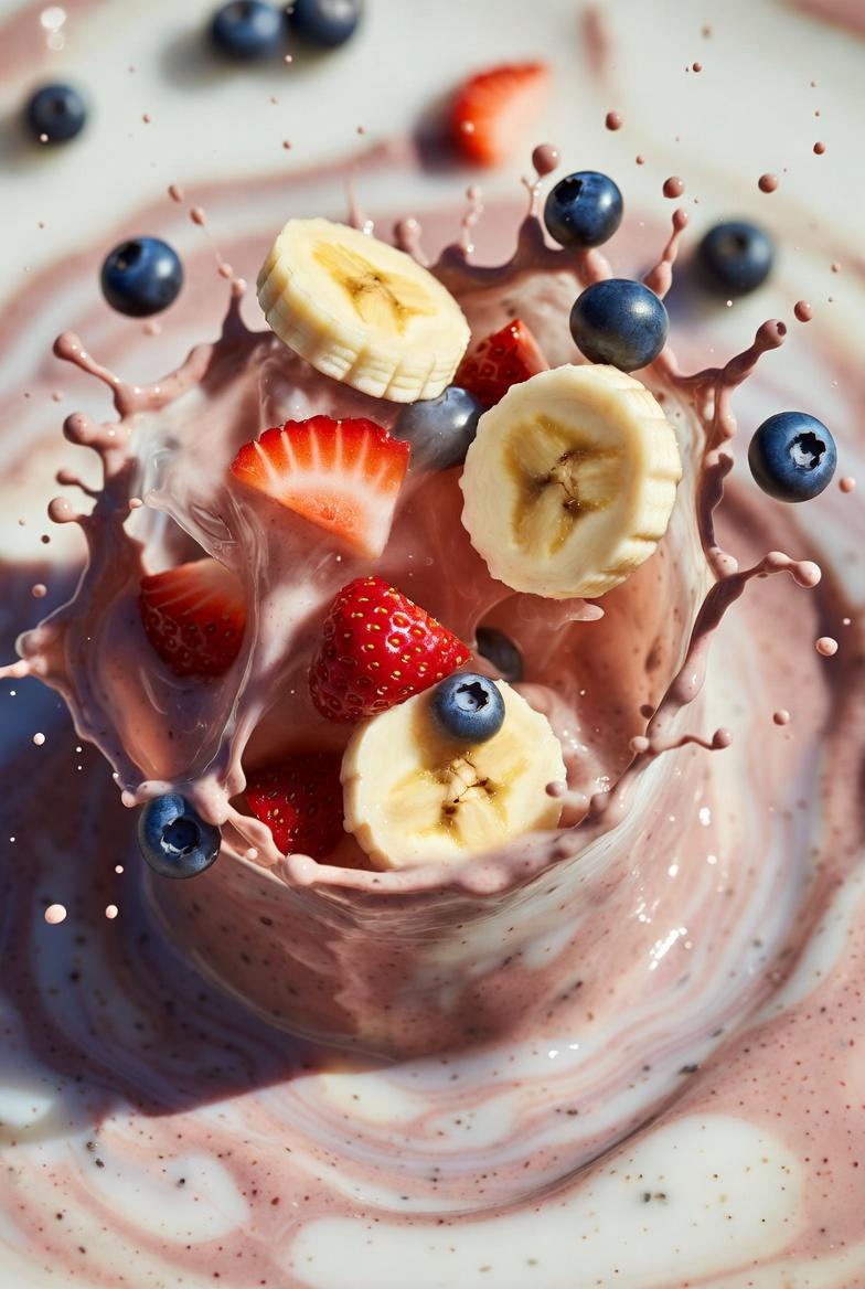 Ultra realistic smoothie explosion, banana slices, strawberry...