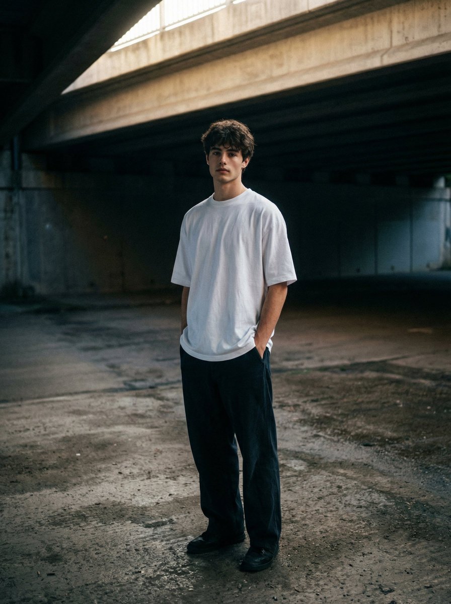 A moody, urban portrait of me standing under a desolate concr...