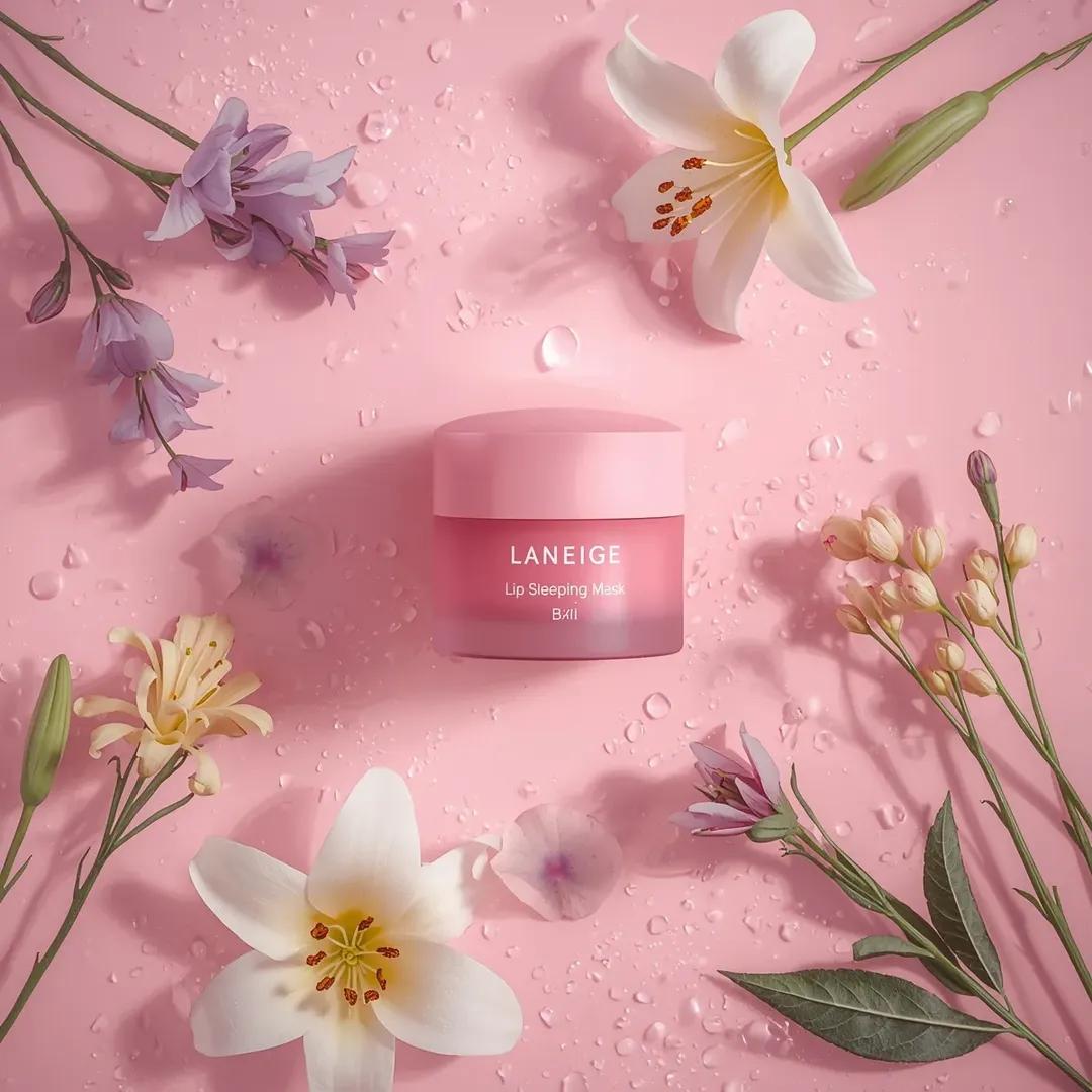 A hyper realistic beauty product photograph of a pink [LANEIG...