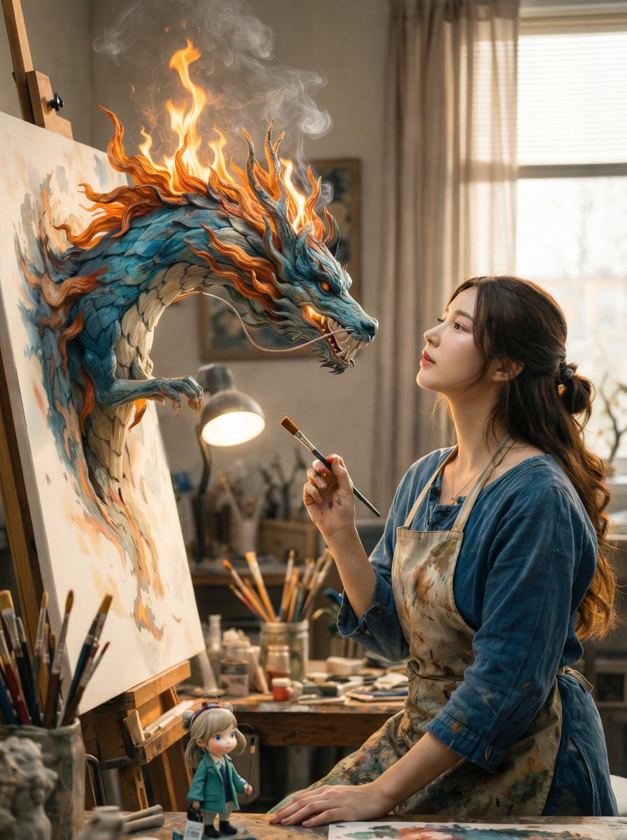 A cinematic fantasy scene inside a cozy artist’s studio. A yo...