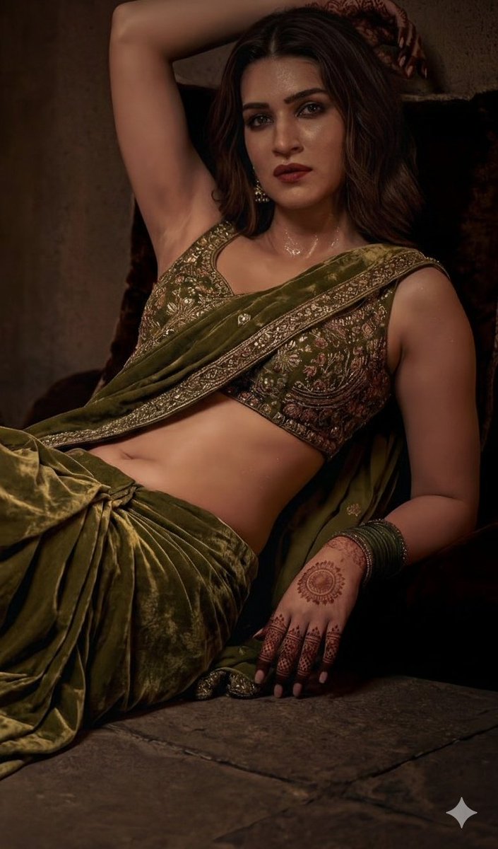 A detailed, high fashion studio photograph of a woman posing...