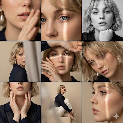 Editorial 3x3 photo grid in a clean soft beige studio. Charac...