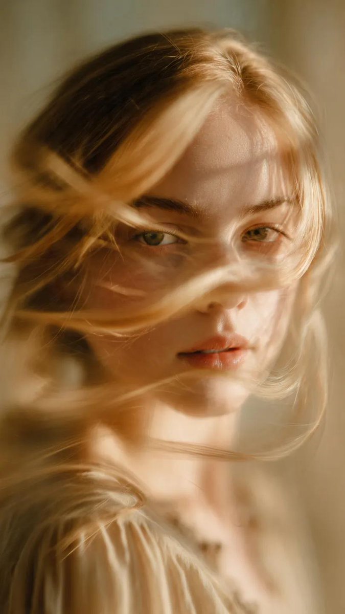 A soft focus, cinematic portrait of a young woman with delica...