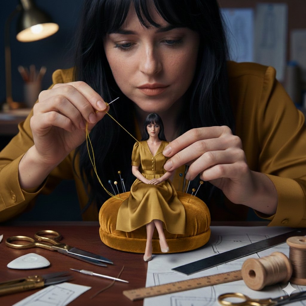 A cinematic fashion studio scene of a woman hand sewing a min...