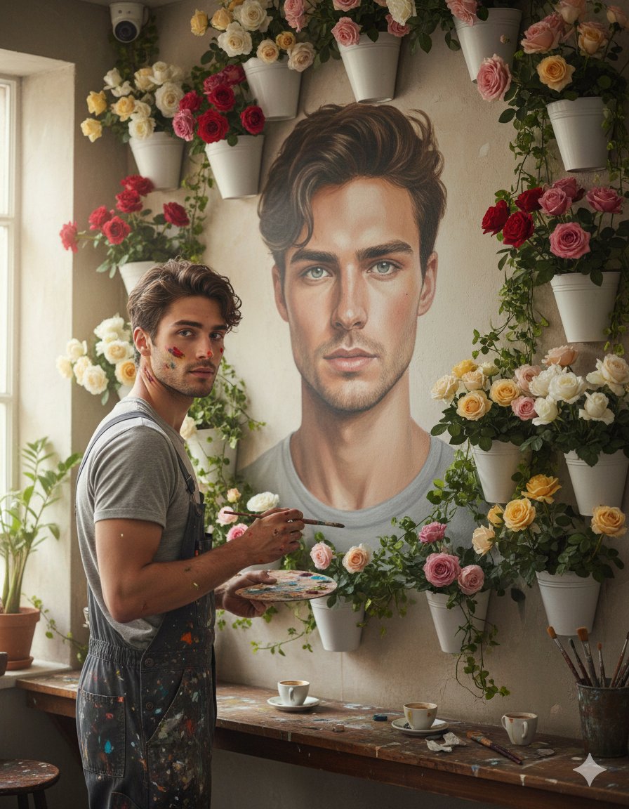 Trend 414Portrait of you painting yourself Prompt:"Don't chang my facial features Create a reali