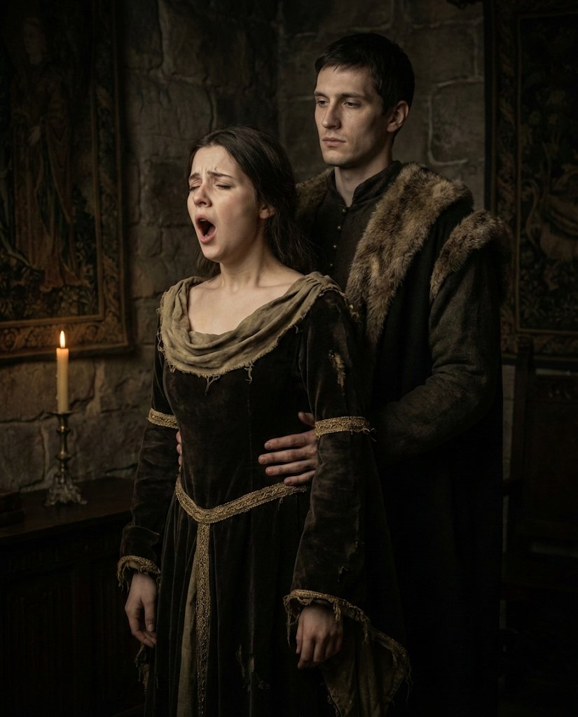 A melancholic medieval young woman with a soft, sorrowful gaz...