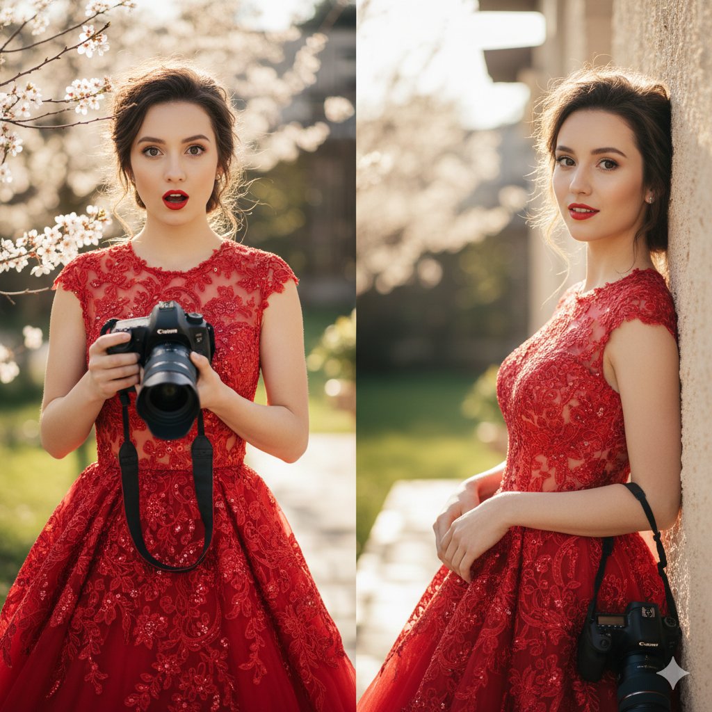 A young woman with an elegant, polished look. In one frame, s...