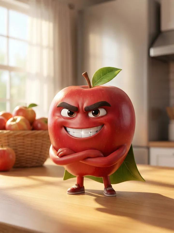 A Pixar style 3D animated character of a single red apple. Ha...