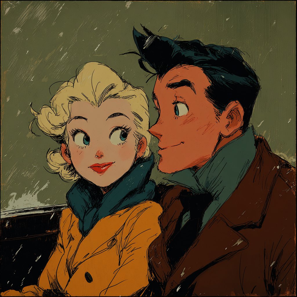 Take a look at this retro noir romantic sketch style: