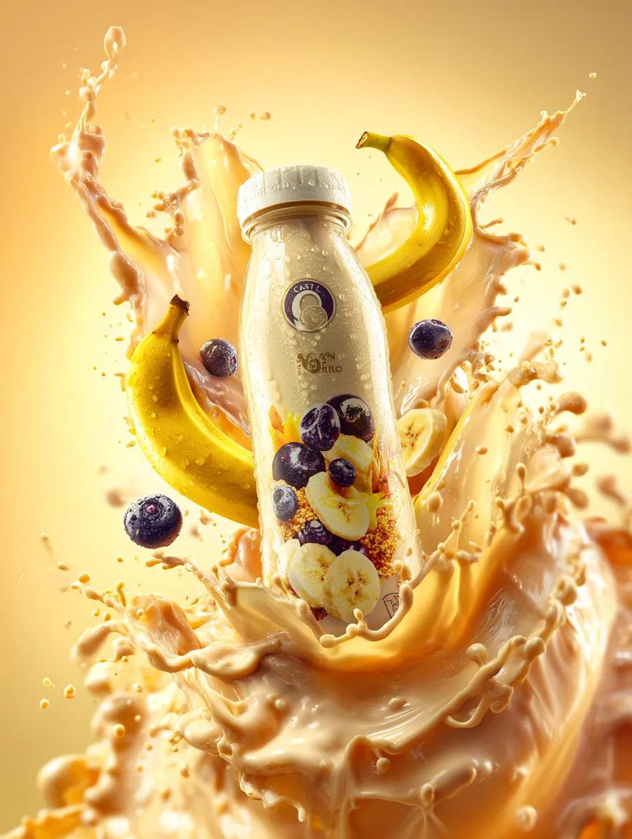 Premium banana milk drink bottle surrounded by swirling milk...