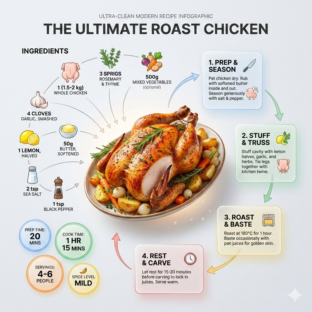 Ultra clean modern recipe infographic. Showcase Roast chicken...