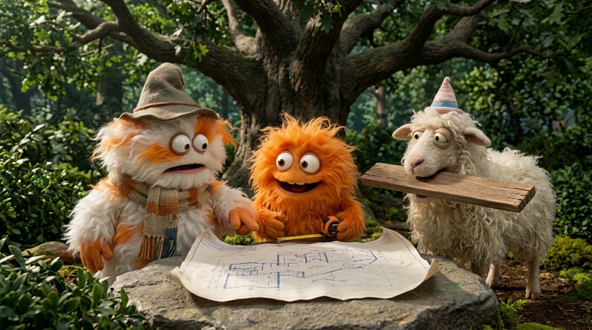 Create a funny 4 part story featuring 3 fluffy creatures buil...