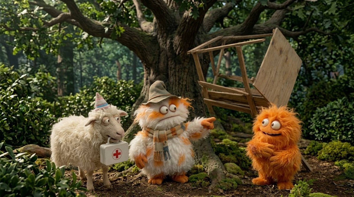 Create a funny 4 part story featuring 3 fluffy creatures buil...