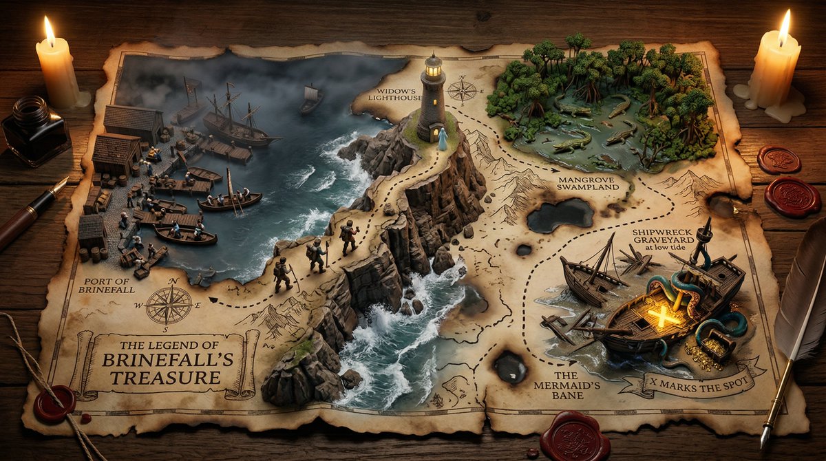 A hand drawn treasure map on aged parchment, with the adventu...