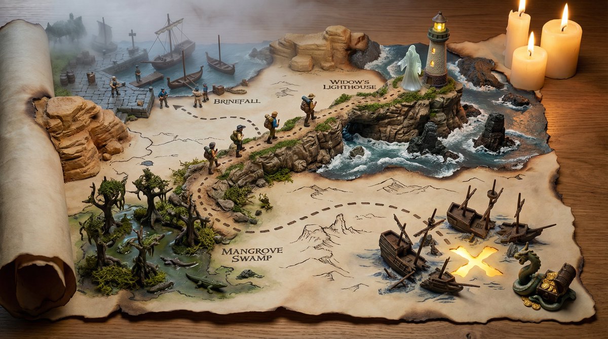 A hand drawn treasure map on aged parchment, with the adventu...