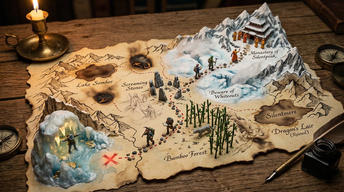 A hand drawn treasure map on aged parchment, with the adventu...