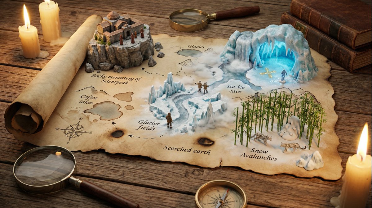 A hand drawn treasure map on aged parchment, with the adventu...