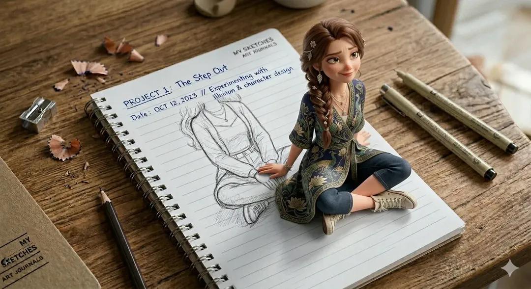 A creative 3D illusion artwork of a cute young girl stepping...