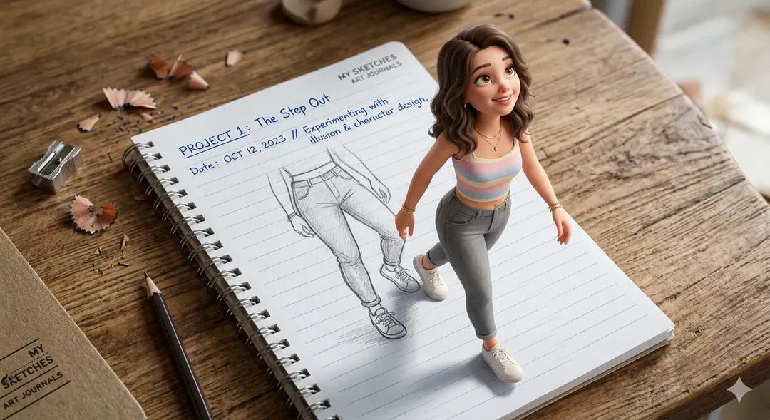 A creative 3D illusion artwork of a cute young girl stepping...