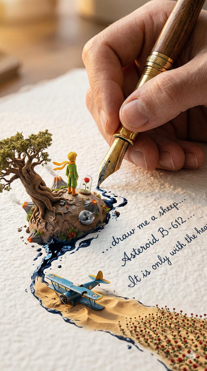 A colossal hand gripping an enormous vintage fountain pen, ca...