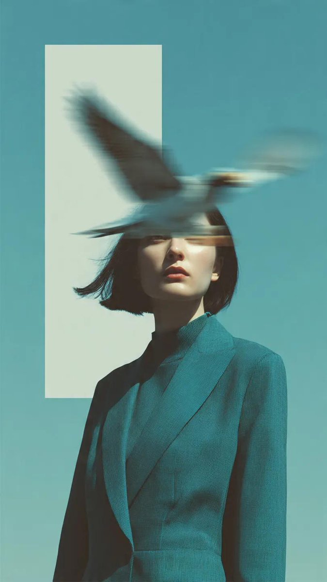 Editorial photography, a woman wearing a structured deep teal...