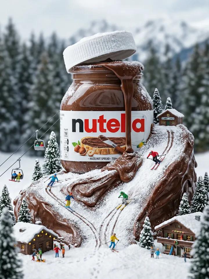 "cinematic miniature winter world built around a giant Nutell...