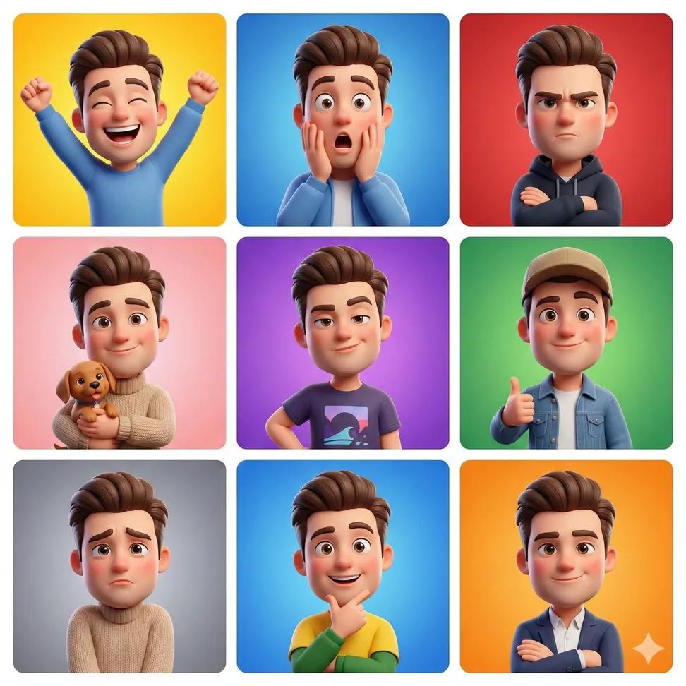 3D cartoon avatar character showing different emotions arrang...