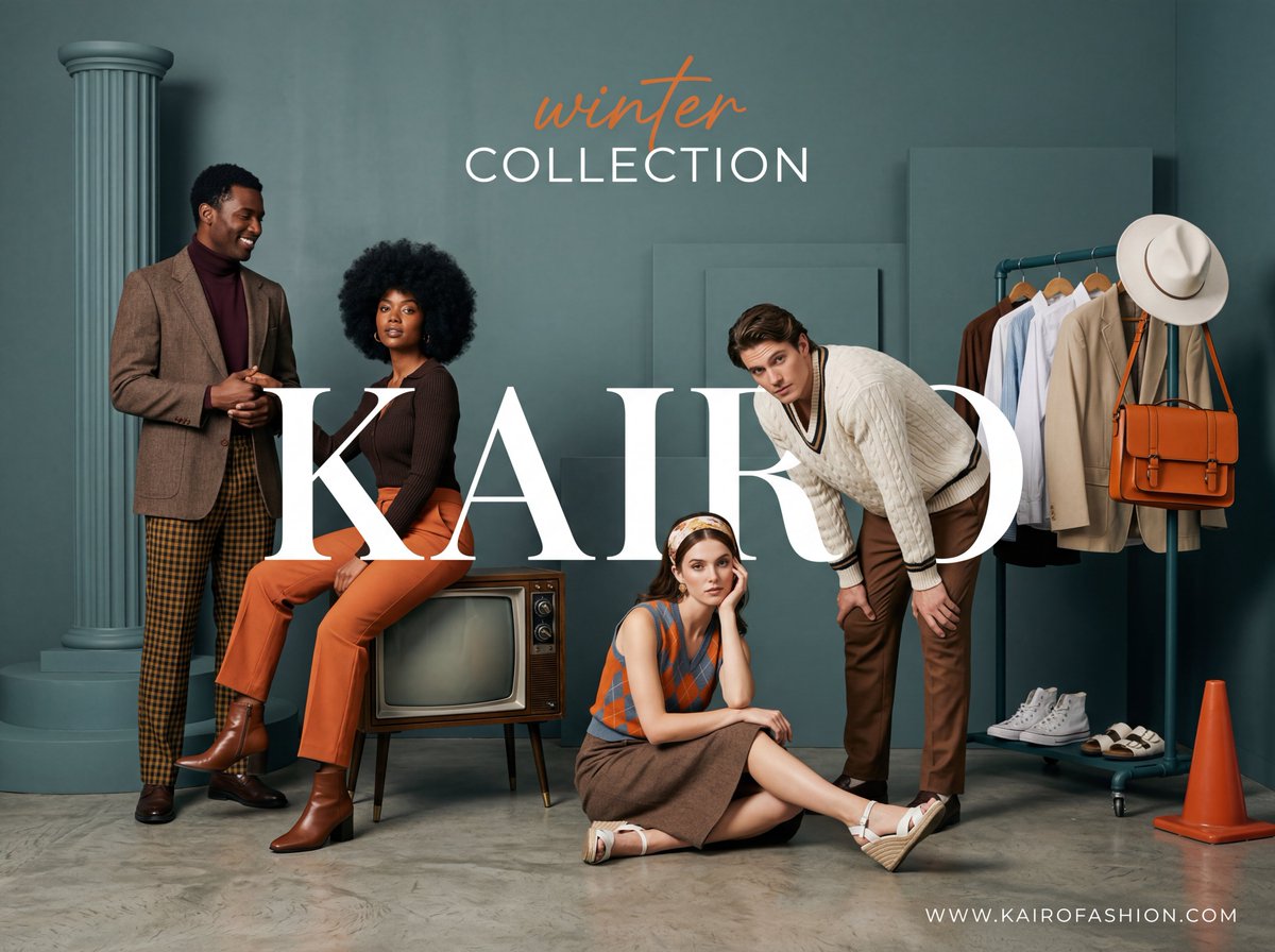 A wide angle, studio fashion advertisement with a sophisticat...