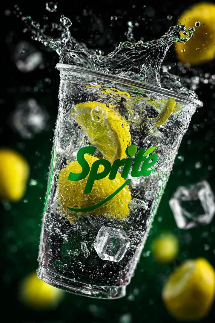 A transparent cup filled with fresh Sprite lemon soda floatin...