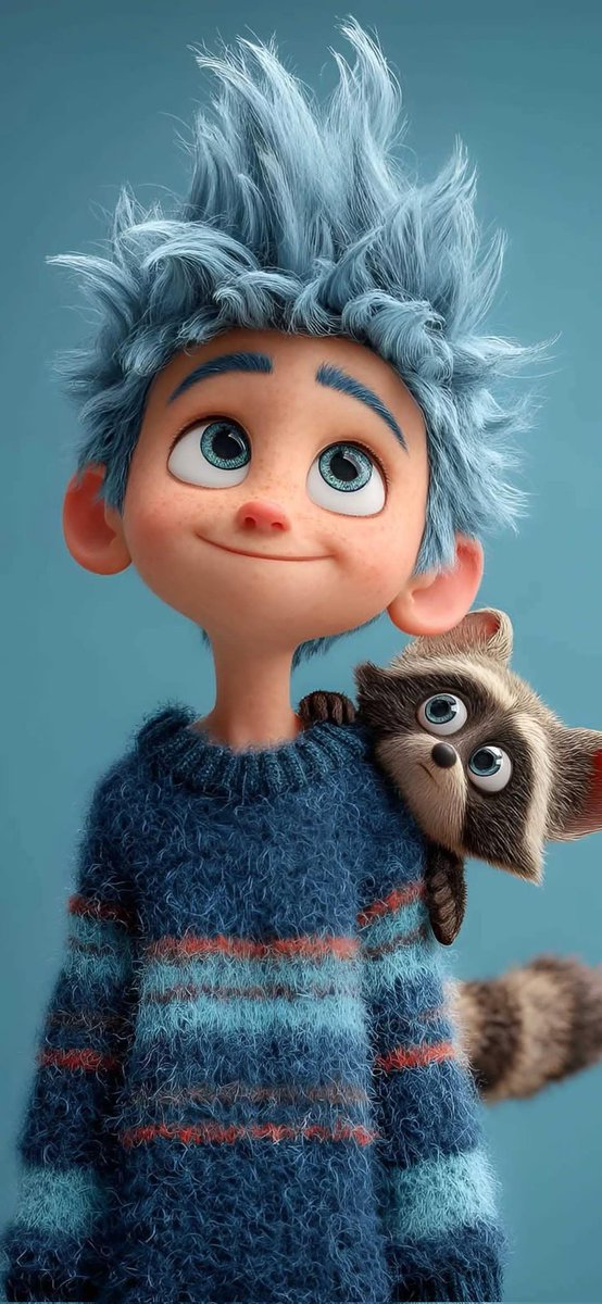 Cute stylized 3D animated boy with messy fluffy blue hair and...