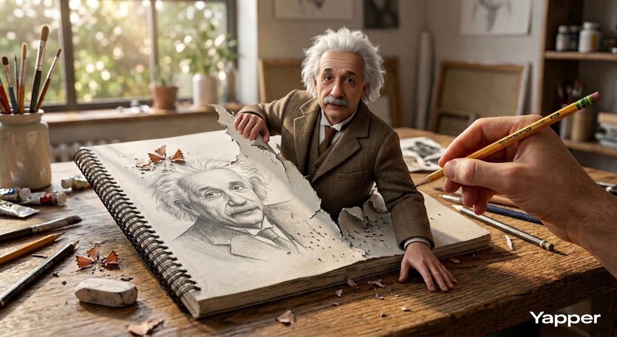 Hyper realistic 3D illustration of Albert Einstein emerging f...