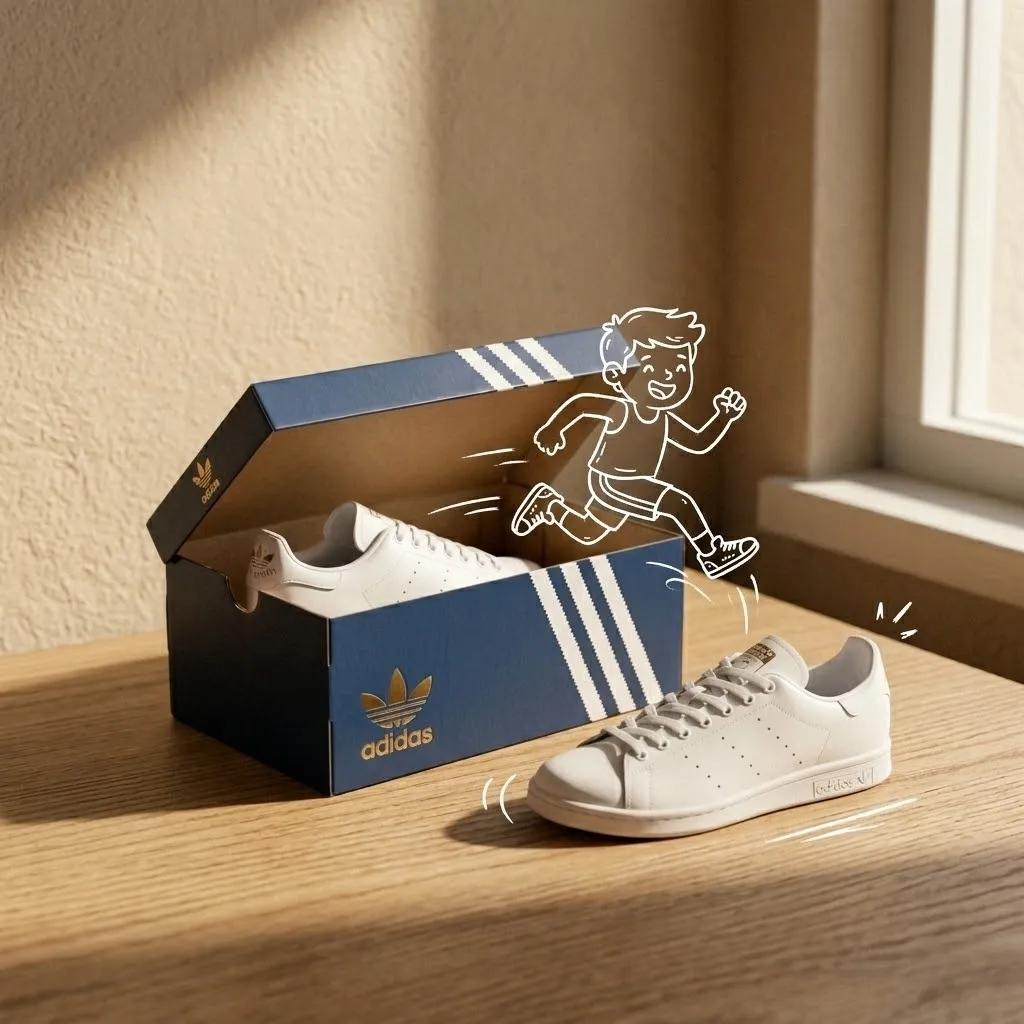 Adidas sneakers in the box, minimalist product photography, c...