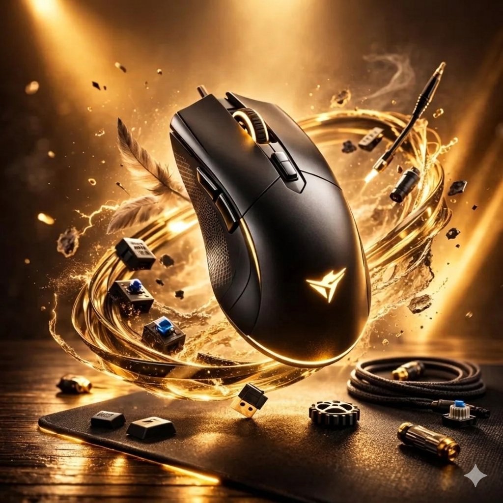 Ultra realistic gaming mouse floating above a desk, surrounde...