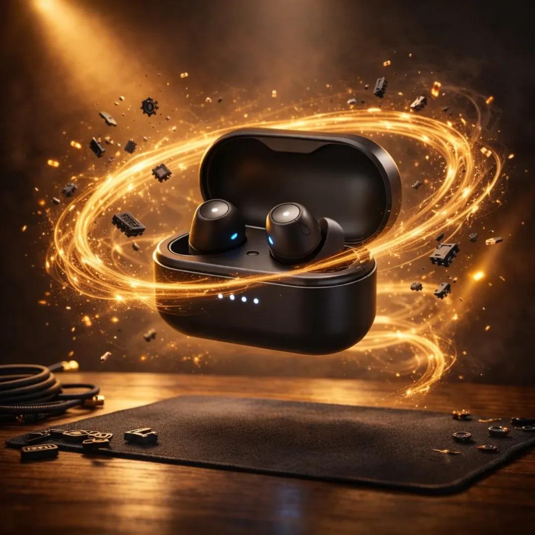 Ultra realistic gaming mouse floating above a desk, surrounde...
