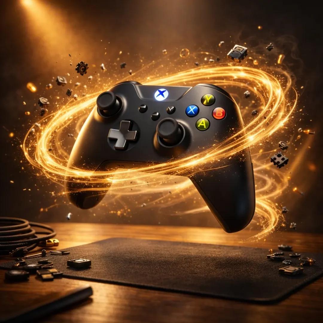 Ultra realistic gaming mouse floating above a desk, surrounde...