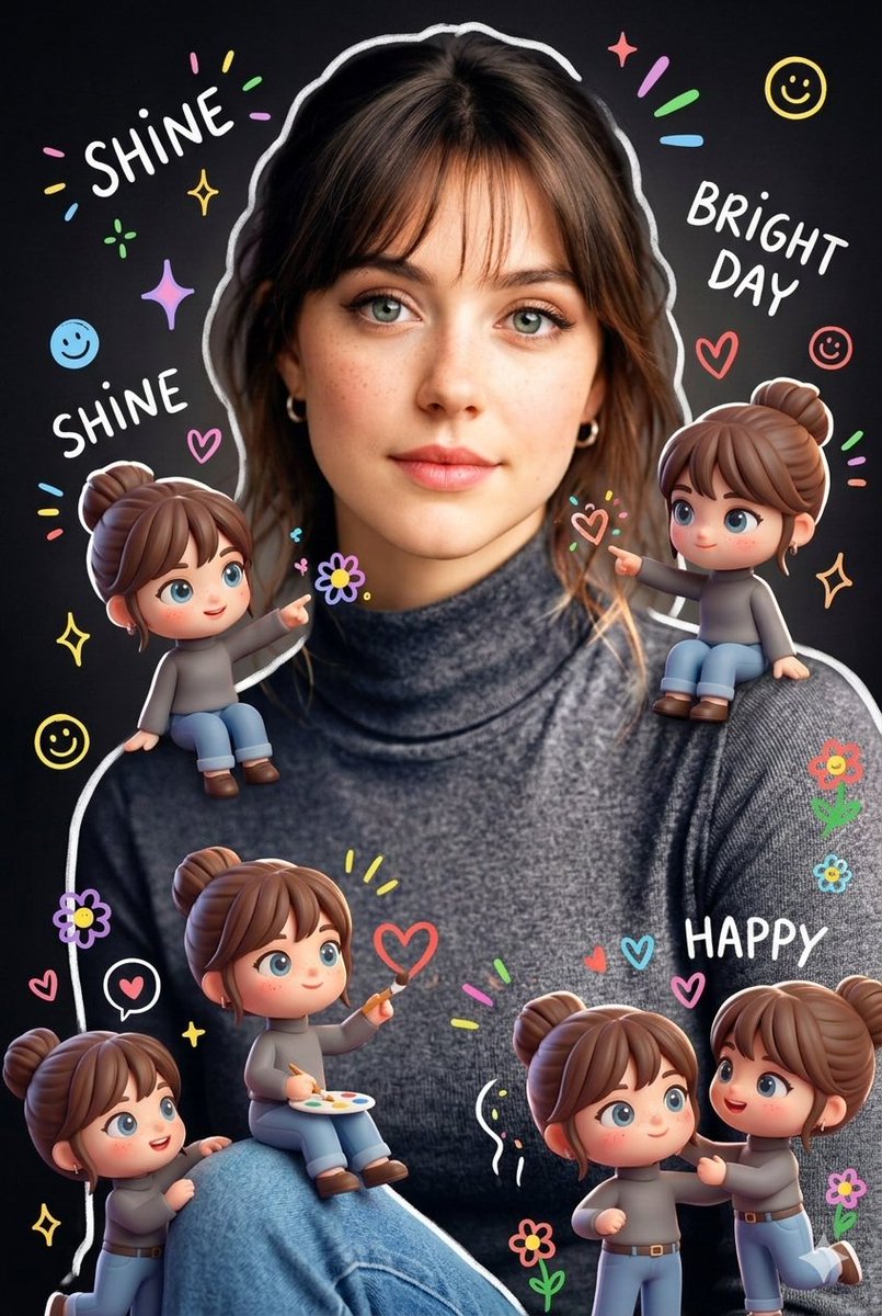 Surrounding the realistic main subject are multiple cute, 3D...