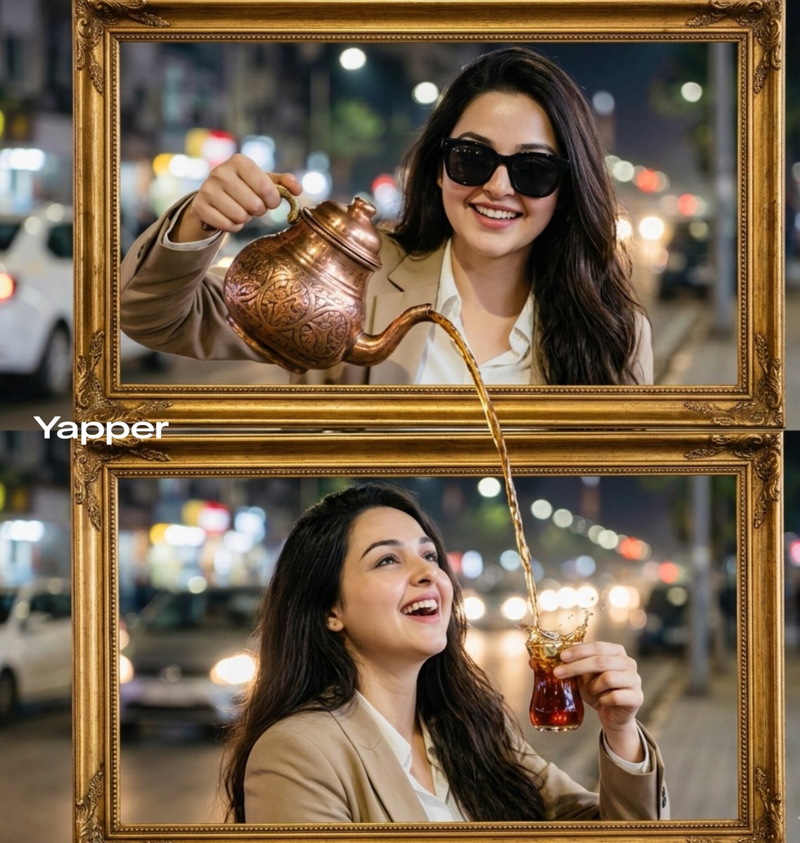 Ultra realistic cinematic two frame composition. In the top g...