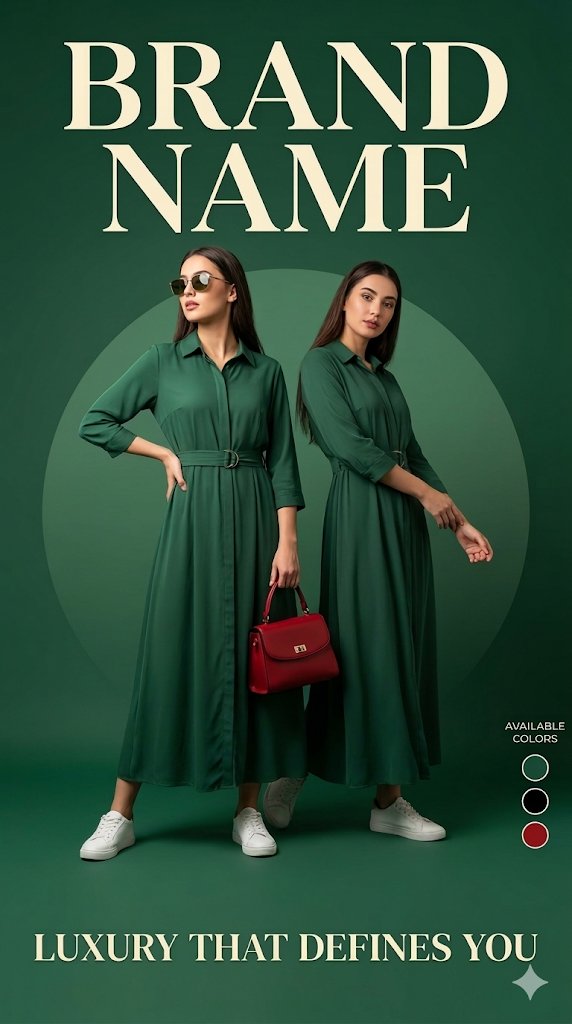 Luxury fashion advertisement poster, deep green background wi...