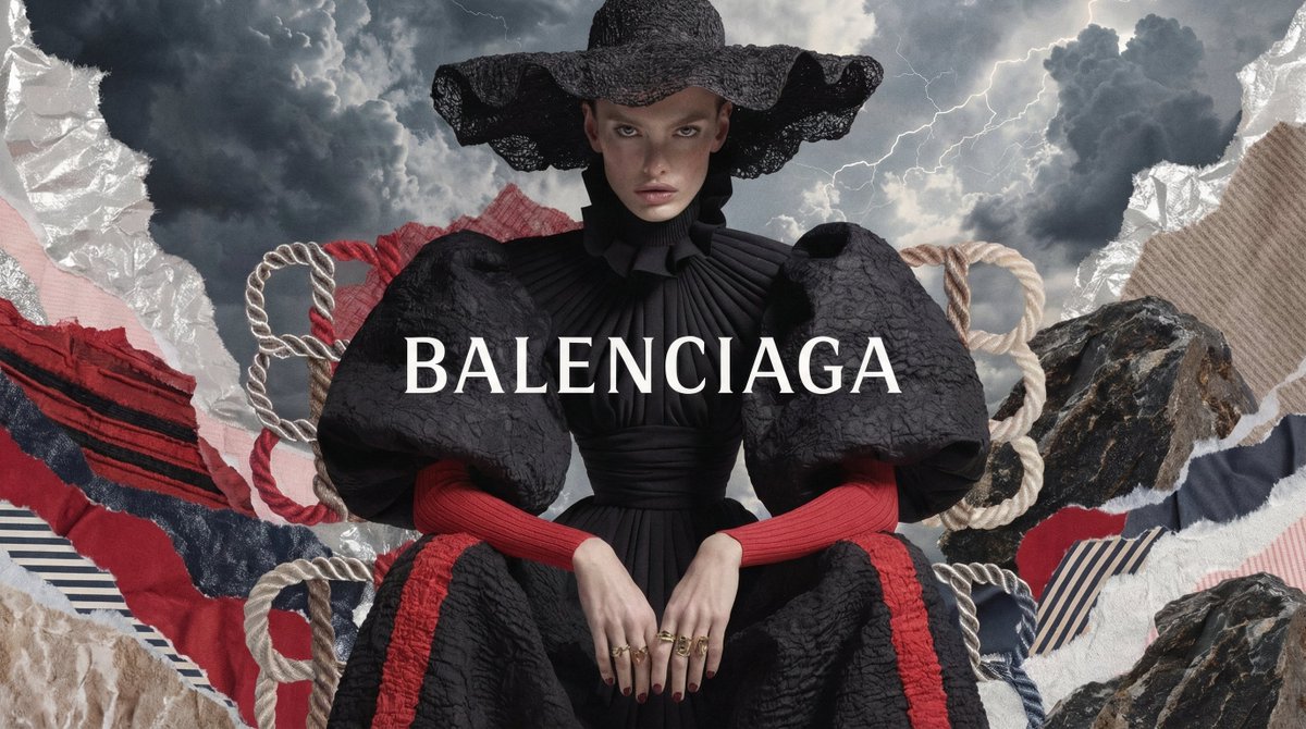 [BRAND]. A high fashion campaign poster. A model with a stron...