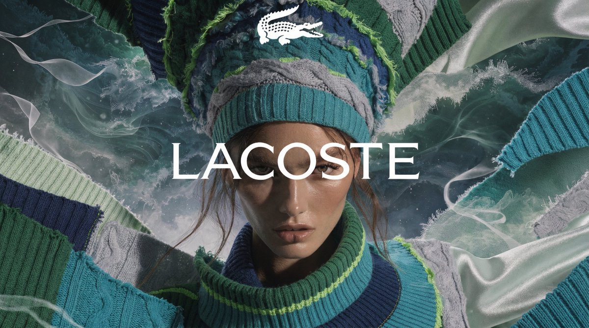 [BRAND]. A high fashion campaign poster. A model with a stron...