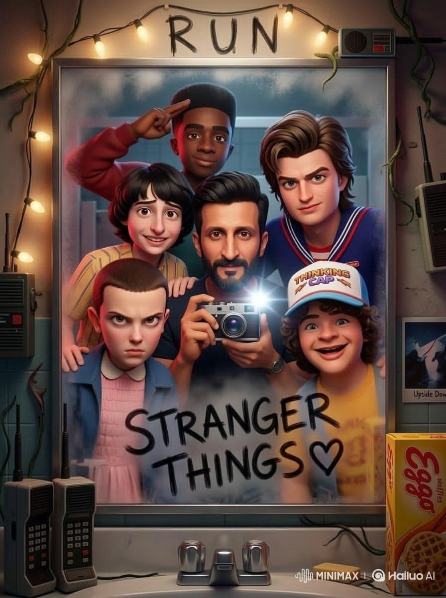 Cinematic mirror selfie scene inspired by a retro 80s sci fi...